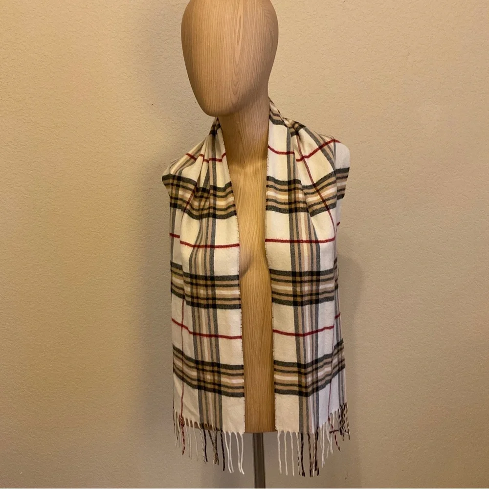 Plaid Scarf with Fringe and Twist Strand Tassels Women’s Ivory Tan Red Beige